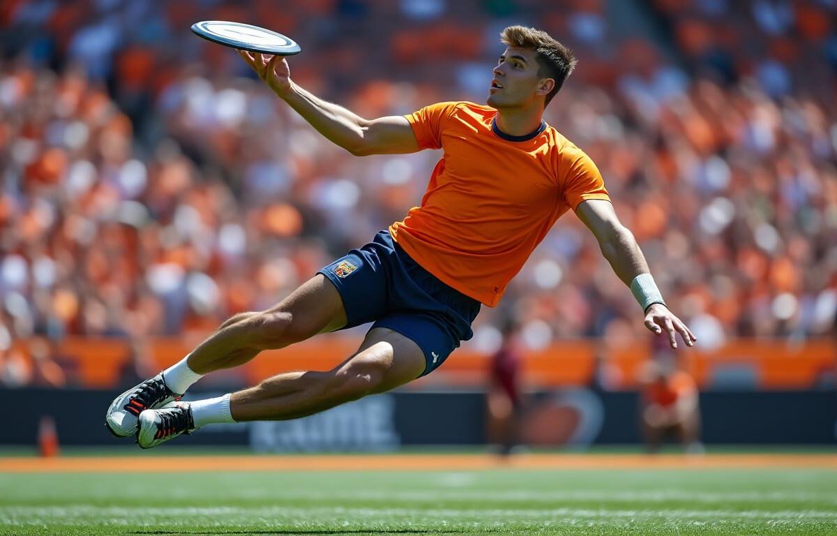 découvrez comment une passe acrobatique du disque en zone d'en-but permet de marquer un point spectaculaire en frisbee ultimate.