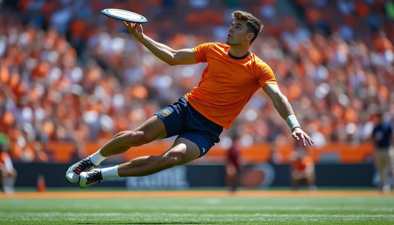découvrez comment une passe acrobatique du disque en zone d'en-but permet de marquer un point spectaculaire en frisbee ultimate.