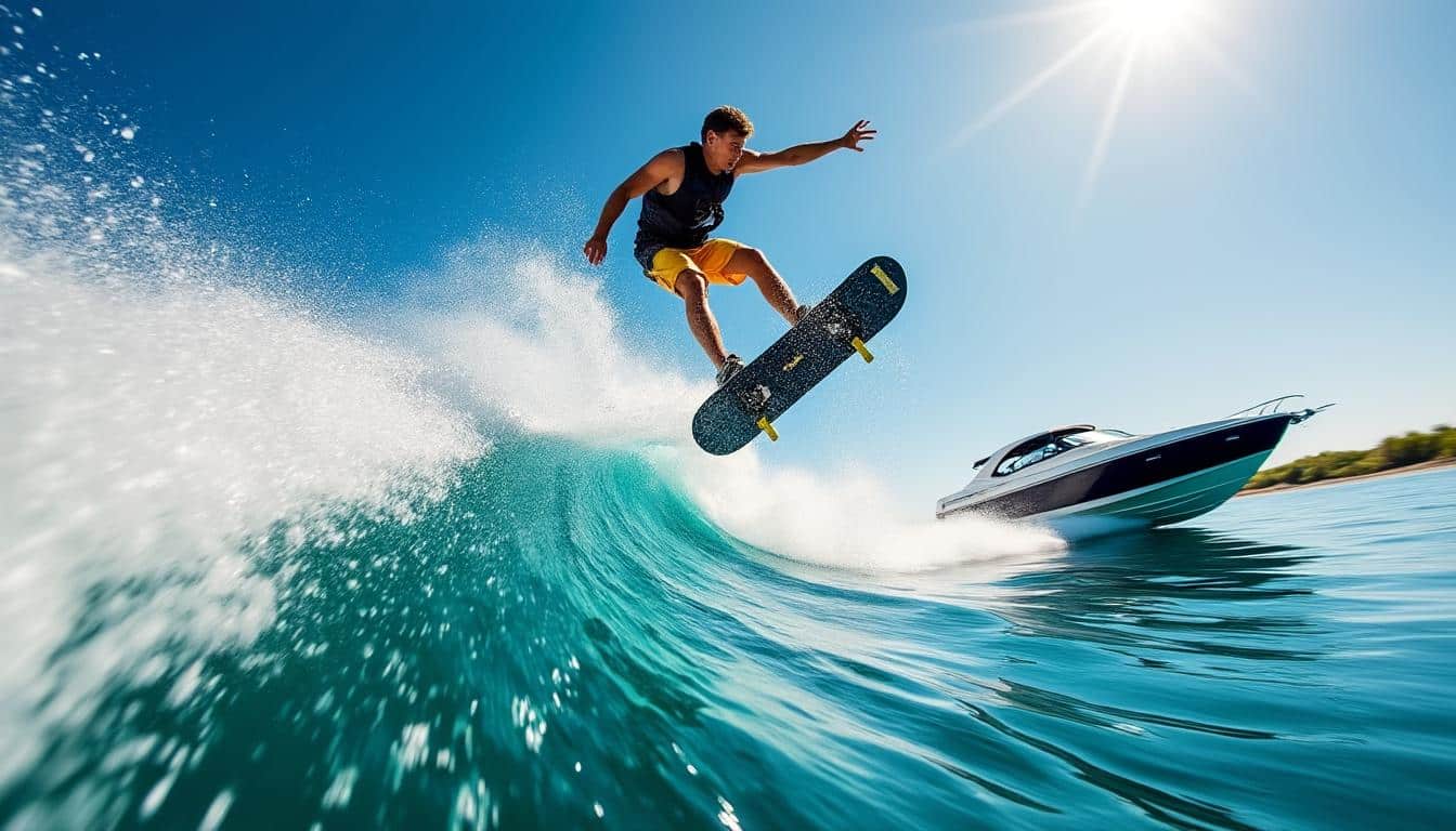découvrez l'excitation du wakeboard nautique avec des figures aériennes spectaculaires tractées par un bateau à moteur, alliant adrénaline et maîtrise technique sur l'eau.