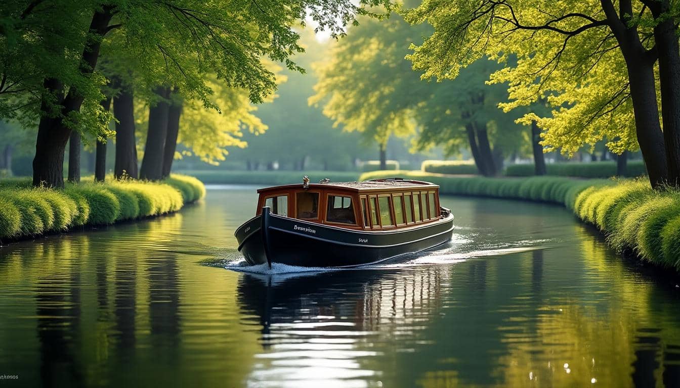 découvrez la tranquillité d'une navigation paisible le long des canaux navigables à bord d'une péniche fluviale, une expérience unique entre détente et découverte.