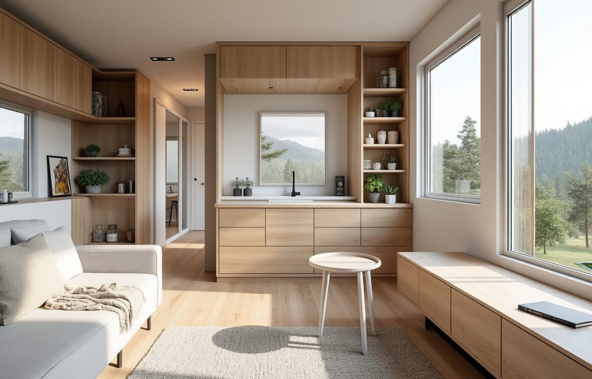 découvrez comment le minimalisme de l'ameublement intégré sur mesure optimise l'espace et le design dans une tiny house, alliant fonctionnalité et esthétique.