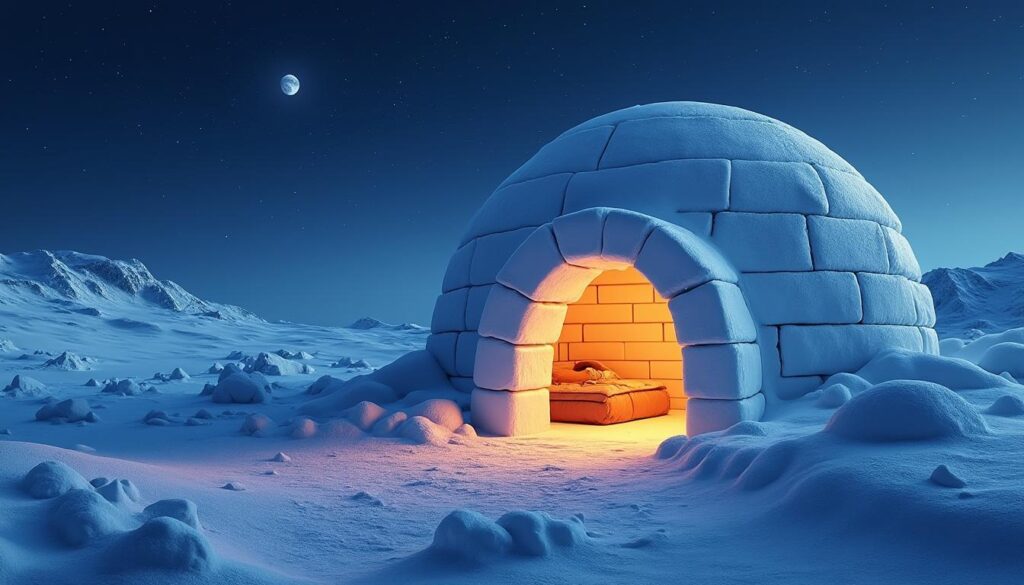 découvrez comment l'isolation thermique extrême grâce aux blocs de neige compactée maintient l'igloo chaud pour une nuitée confortable en milieu froid.